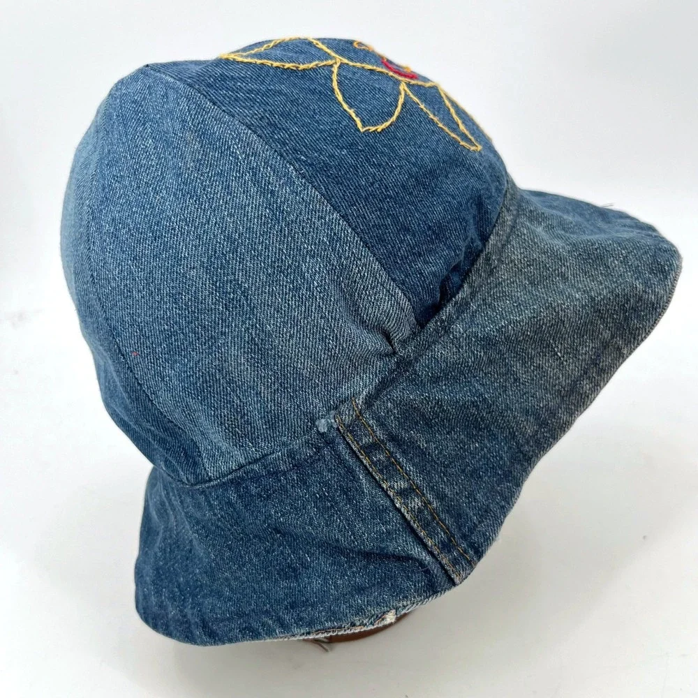 Hippie 70s Boho Vintage Retro Handmade Blue Denim Bucket Hat Embroidered Sun